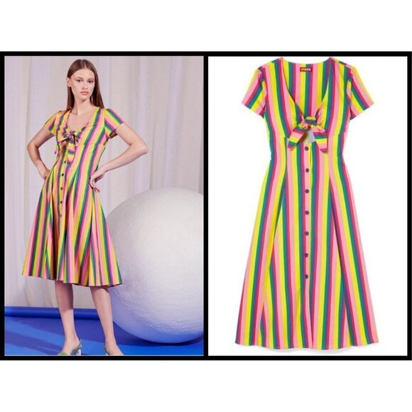💕STAUD💕 Alice Tie-front Striped Stretch-Cotton Dress 4 NWT - Picture 1 of 16